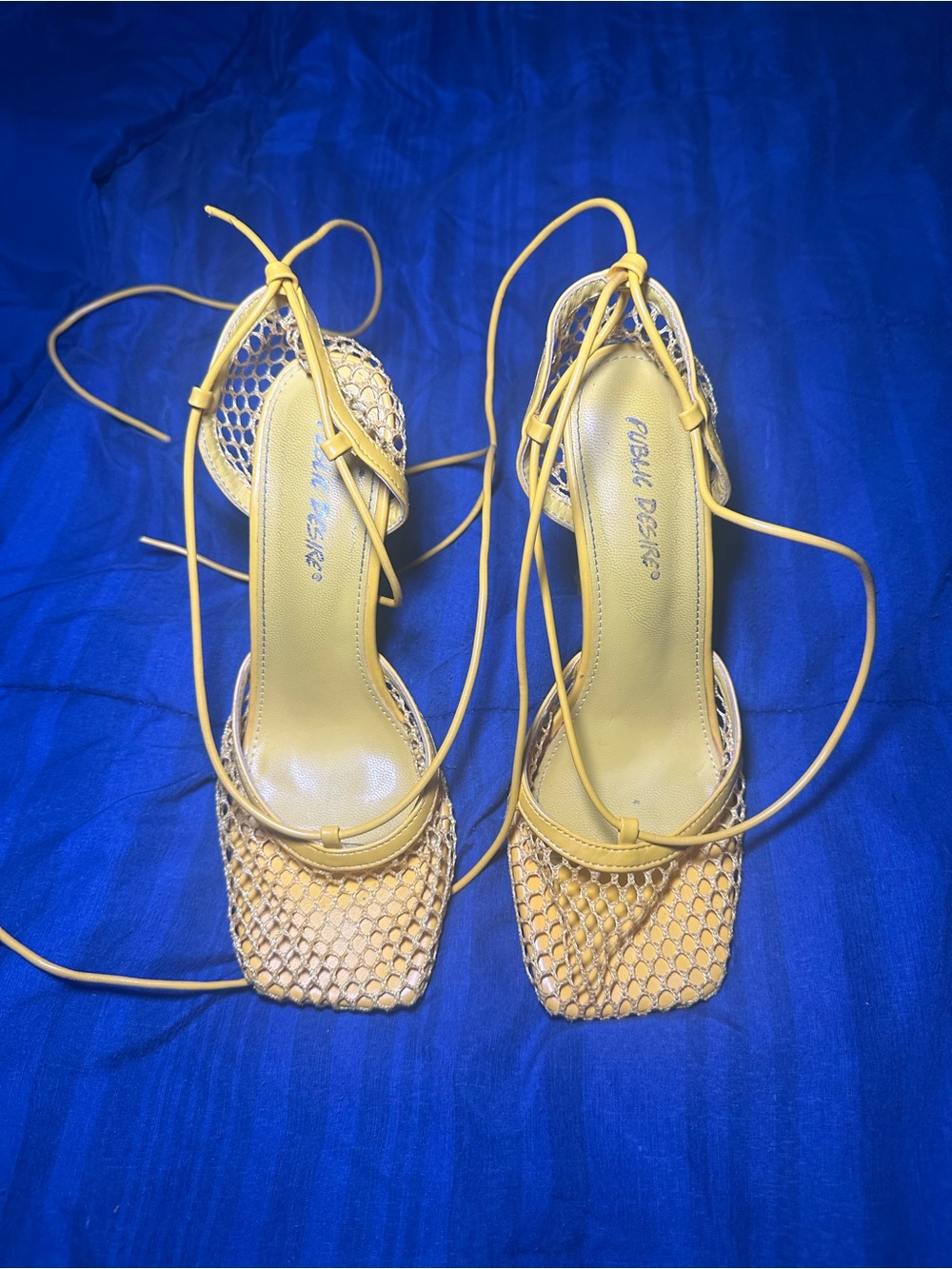 Public Desire Yellow Lace-Up Mesh Heeled Sandals